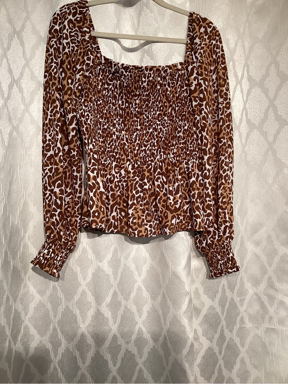 Lilly Pulitzer Brown and White Leopard Smocked Square-Neck Blouse